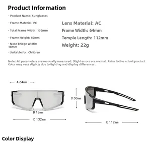 Detailed size chart for kids sports sunglasses with frame and lens dimensions