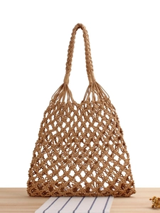 Women Hand Woven Crochet Shoulder Bag Cotton Rope Hollow Mesh Tote For Summer Beach Vacation Bohemian Style