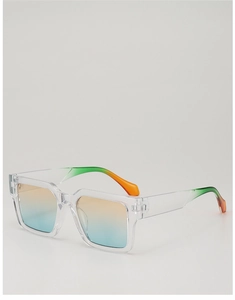 Detail of transparent chunky square sunglasses with orange to blue gradient lenses