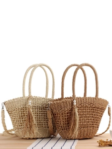 Sac Bandoulière Tissé Femme Corde Papier Ajouré Gland Künstliche Perle Été Plage Vacances Bohème Rétro Sac À Main