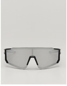Close-up of kids sports sunglasses with large silver mirrored lens and black frame