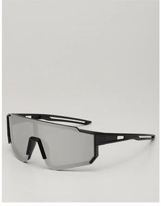 Detail view of children sports sunglasses with matte black frame and silver mirrored lens