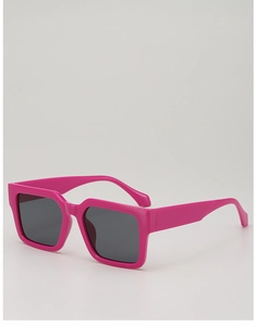 Detail view of bold rose pink square sunglasses with thick frames and dark grey lenses