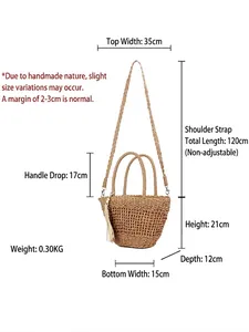 Sac fourre-tout en paille tissée avec pompons et bandoulière, dimensions 35x21cm, bohème