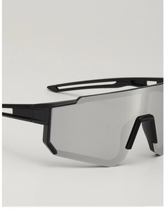 Close-up of children sport sunglasses with silver mirrored lenses and hollowed-out temples