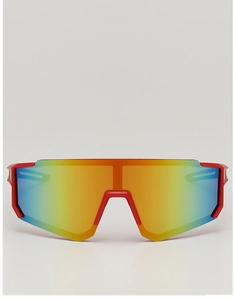 Close-up of red sports sunglasses with colorful polarized lenses for kids outdoor cycling