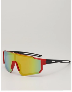 Detail of red sports cycling glasses with rainbow mirrored lenses and unibody nose pads