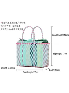 Colorful hand-woven plastic beach tote bag with checkered mint green and pink pattern