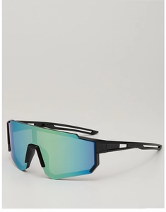 Detail of colorful mirrored lens and matte black frame on kids sports cycling sunglasses