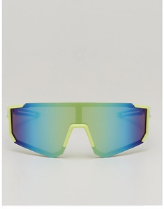 Close-up of kids cycling sunglasses with neon green frame and blue-green gradient lens