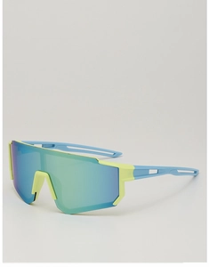 Detail of kids sports sunglasses with neon yellow frame and colorful mirrored lenses