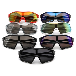 Detail view of seven colorful kids cycling sports sunglasses with mirrored protective lenses