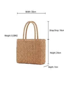Sac fourre-tout en paille tissé main kaki de 30x24x7cm avec doubles poignées