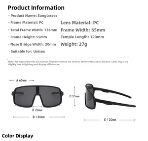 Size chart showing dimensions for children's one-piece cycling sunglasses and PC frame specs