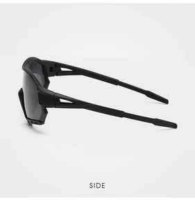 Side view of matte black kids cycling glasses with hollowed temples and UV lens