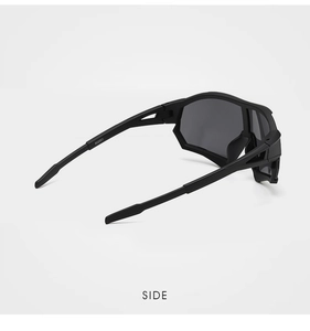 Detailed side view of matte black aerodynamic cycling goggles with dark grey UV lens