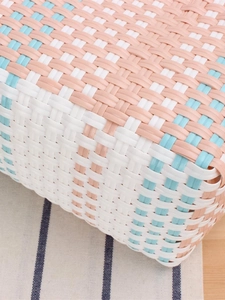 Colorful macaron hand-woven plastic picnic basket with a checkered geometric pattern