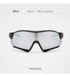 Front view of black sport goggles with silver mercury mirrored lenses for outdoor cycling