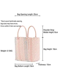 Pink hand-woven macaron picnic basket with checkered pattern and size specifications