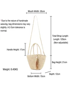 Woven straw crossbody bag with tassel and dimensions of 35cm top width and 21cm height
