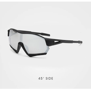 Side 45-degree view of kids sports sunglasses with silver mirrored lenses and black frame