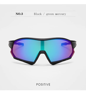 Front view of black sports sunglasses with blue-green iridescent mercury lenses