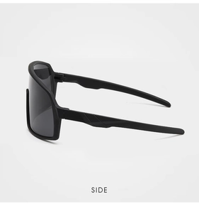 Side view of matte black kids cycling glasses with a sleek one-piece lens design