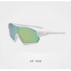 Kids sports sunglasses with white frame and green tinted lenses from a 45-degree angle