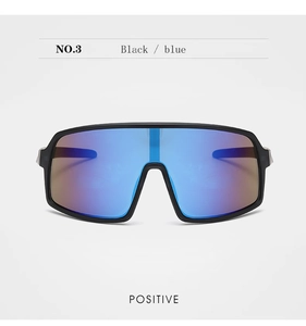 Front view of kids cycling sunglasses with matte black frame and blue mirrored lens