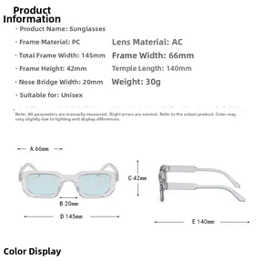 Spécifications de taille détaillées pour lunettes de soleil carrées rétro avec dimensions