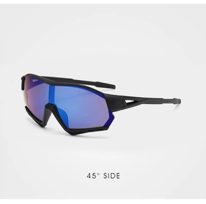 Side 45-degree detail of kids sports sunglasses with blue reflective lenses and matte frame