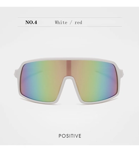 Front view of white sports cycling sunglasses with rainbow tinted lenses for kids