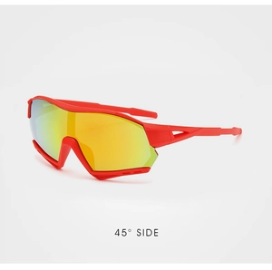 45-degree side view of red children sports goggles with orange mirrored lens