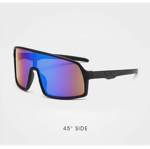 Detail view of children's cycling goggles with purple mirrored lens and matte black frame