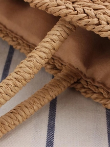 Artistic hand-woven paper rope handbag with round wooden handle and soft cotton lining