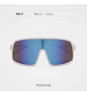 Front view of white sports cycling goggles for kids with blue mirrored reflective lenses