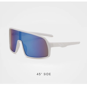 Detailed 45-degree side view showing white frame and blue lens of kids sports sunglasses