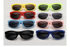 Matrix view of eight colorful kids sports sunglasses with lightweight plastic frames
