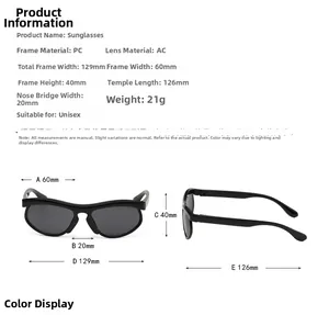 Detailed size chart of black PC children's sunglasses with full frame measurements