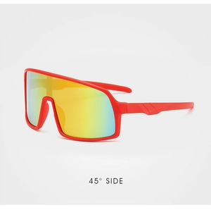 Detail view of colorful cycling goggles showing 45-degree side frame and textured temple