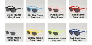 Detailed grid view showcasing eight colorful plastic frame sunglasses for children