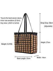 Minimalist hand-woven checkerboard tote bag with black leather shoulder straps and large capacity