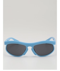 Close-up of modern light blue wrap-around frame with dark grey lenses for kids sunglasses