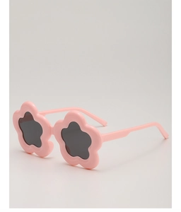 Detailansicht der rosa Blumen-Sonnenbrille für Kinder mit dunklen Harzgläsern