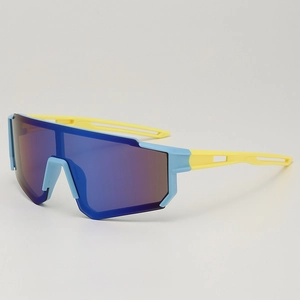 Kids sports cycling sunglasses with blue frame, yellow temples and blue mirrored lens