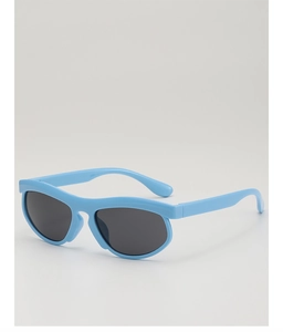 Detail view of the sleek light blue frame and dark lenses on modern kids sunglasses