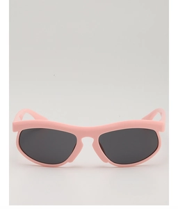 Detailed close-up of pink oversized children's sunglasses with dark gray polarized lenses