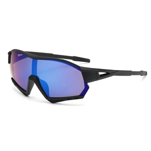 Kids sports sunglasses with black frame and purple-blue mirror lens for cycling