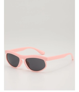 Detail of pink thick plastic frame sunglasses with dark lenses for children