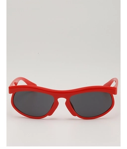 Front view of stylish red frame kids sunglasses with dark lenses and sleek design